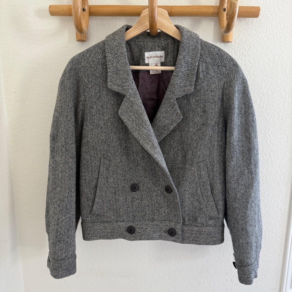 MORT SCHRADER vintage wool gray herringbone doubled breasted cropped jacket